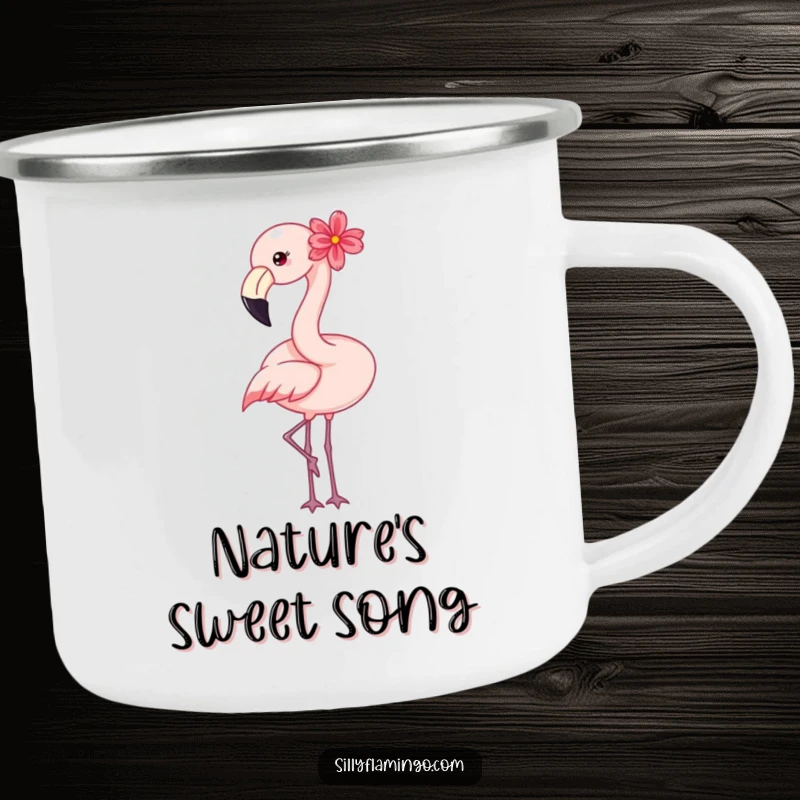 Funny flamingo camping mug showing a happy bird with a flower, a humorous and sturdy companion for outdoor fun.