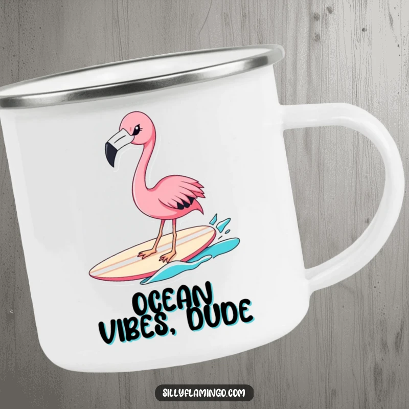 Funny flamingo surfer camping mug showing a winking pink bird riding a surfboard, ideal for outdoor drinks with a humorous and adventurous vibe.
