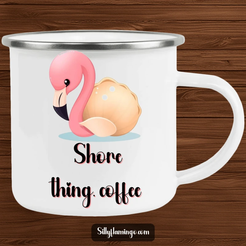 Funny Flamingo Camping Mug: A curious flamingo investigates a shimmering seashell, durable and ready for any adventure. A humorous outdoor essential.