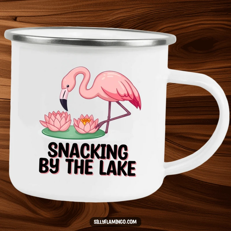 Funny flamingo happily pecking a water lily, featured on a durable and humorous camping mug