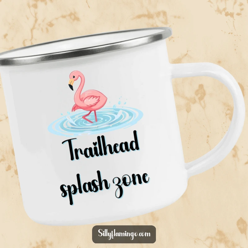Funny flamingo camping mug showing a bird splashing in water, a durable enamel cup perfect for outdoor adventures and humor.