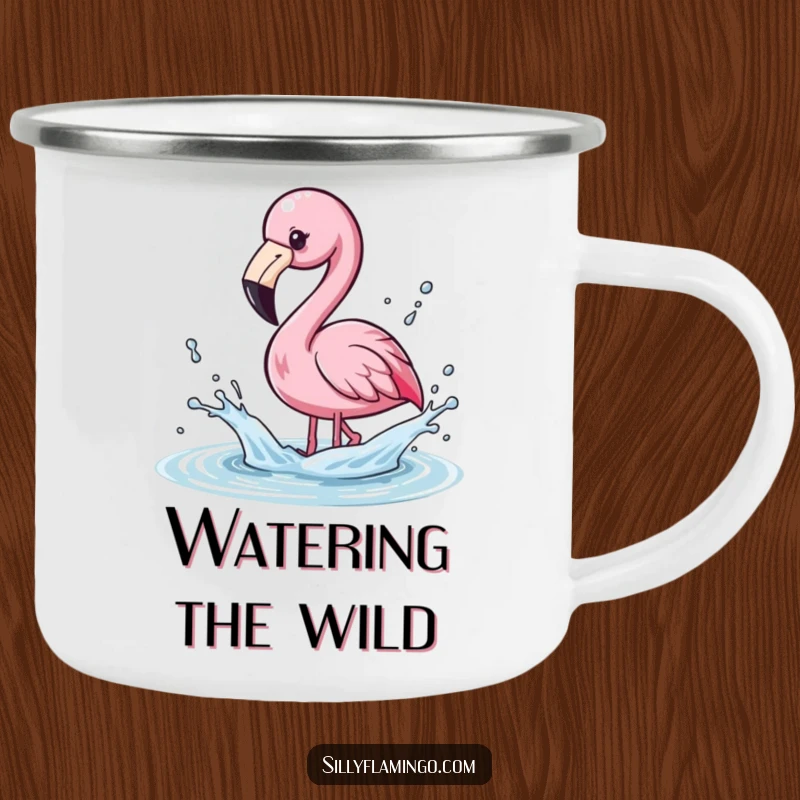 Funny Camping Mug of a kawaii flamingo playfully splashing water with its beak, sending droplets flying.