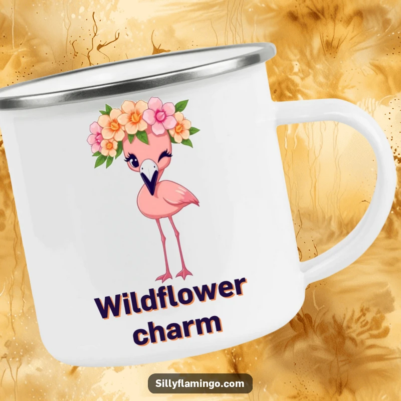 Funny flamingo camping mug featuring a bird in a flower crown winking, perfect for enjoying drinks outdoors.