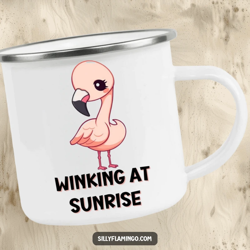 Funny Camping Mug featuring a Kawaii flamingo tilting its head and giving a charming, curious wink, perfect for outdoor fun.