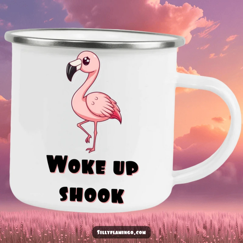Funny Surprised Flamingo Camping Mug: A flamingo with a shocked expression rapidly bobbing its head, ideal for outdoor adventures and humorous reactions.