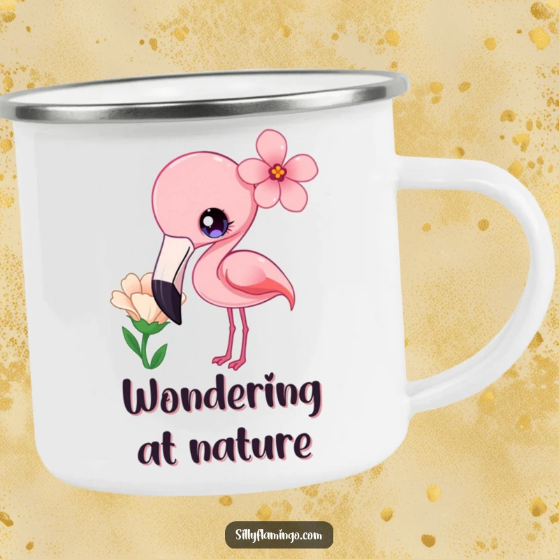 Funny Camping Mug of a kawaii flamingo with bright eyes, curiously tilting its head at a flower.