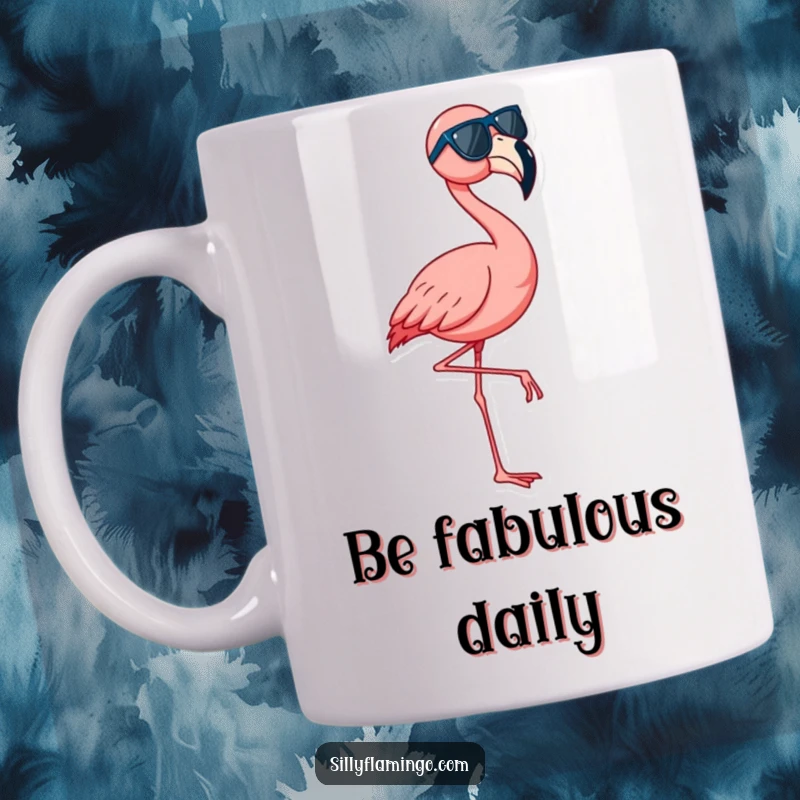 Funny flamingo mug featuring a cool bird in sunglasses dancing energetically on one leg, radiating fun.