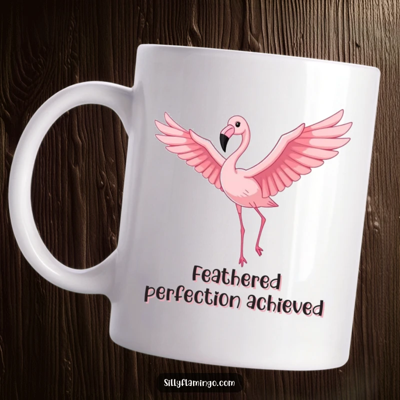 Funny Flamingo Mug: Proud bird with outstretched wings soaring gracefully against a vibrant pink sky, a symbol of freedom and joy.