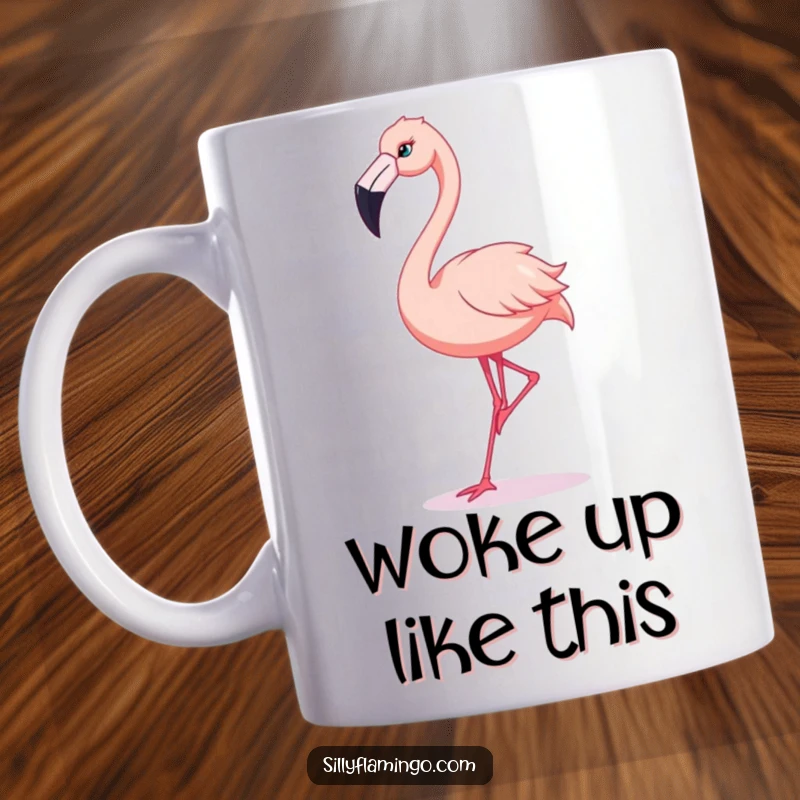 Funny Flamingo Mug: A flamingo performs a wild, exaggerated dance with its beak moving comically.