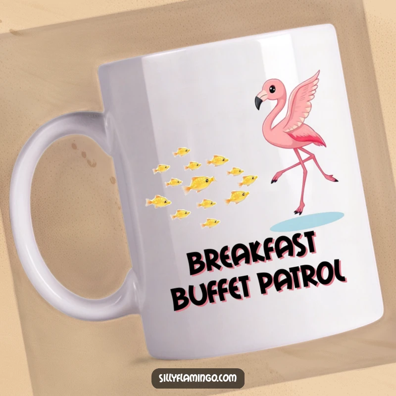 Funny flamingo mug, playfully chasing a school of tiny shimmering fish, depicting a whimsical and energetic scene, a perfect gift for ocean lovers.