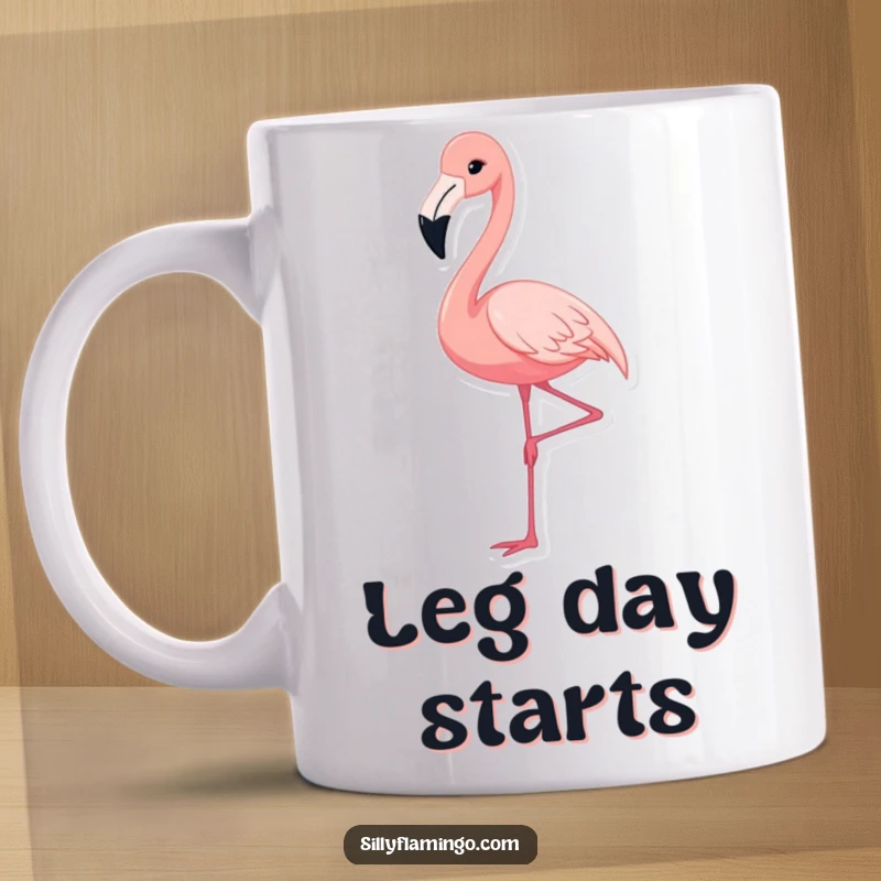 Funny mug featuring a cute flamingo gracefully extending its leg with a long neck, showcasing elegance and poise, a perfect gift.