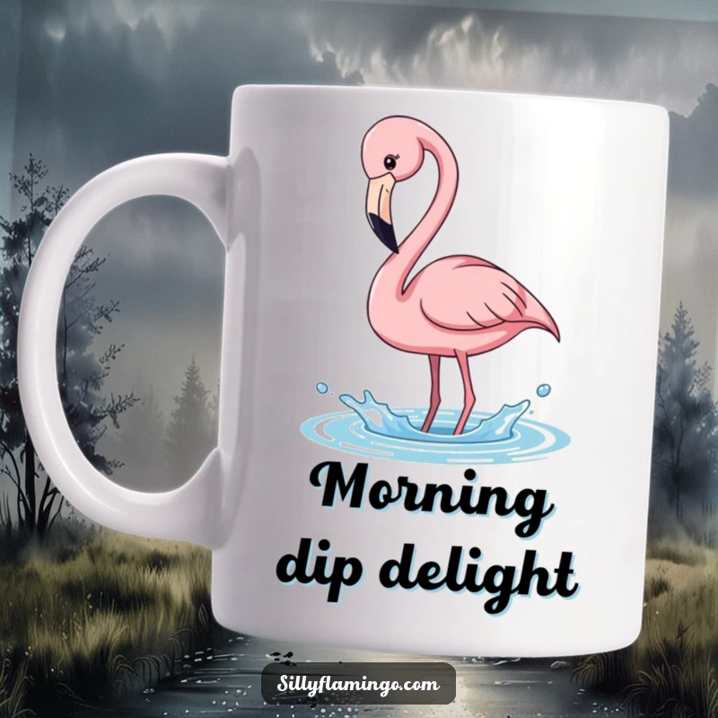 Funny pink flamingo mug, long neck bending, playfully splashing water, embodying joy and tropical fun, a perfect funny gift.
