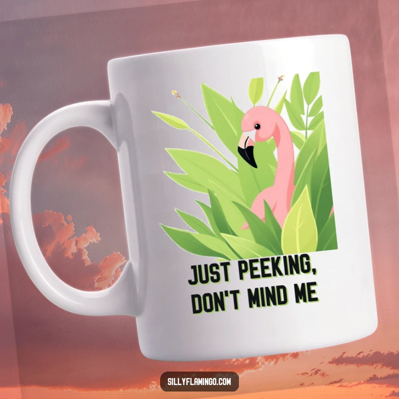 Funny mug featuring a curious flamingo peeking from behind vibrant green leaves, bringing a comical jungle vibe.