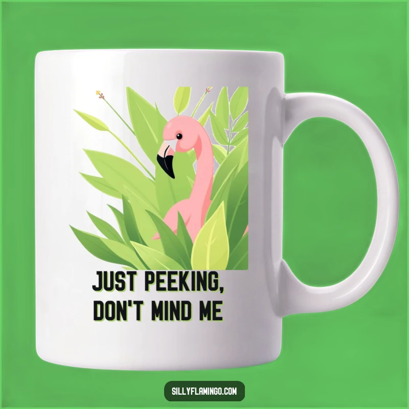Funny Flamingo Peek Mug: A Quirky Bird in Greenery, Perfect Funny Gift