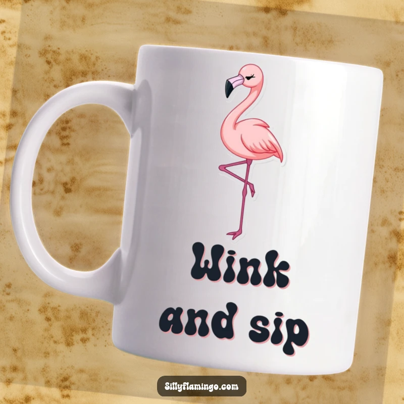Funny Flamingo Wink Mug featuring an elegant flamingo balancing on one leg and giving a delightful, cheerful wink.