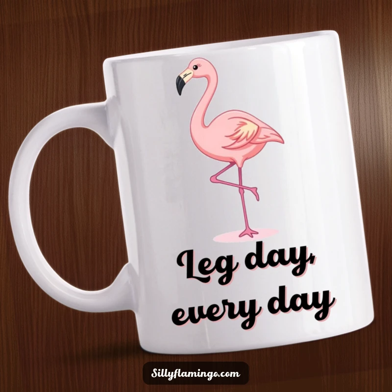 Funny kawaii flamingo in a graceful one-legged stretch, radiating cuteness, perfect for a delightful mug