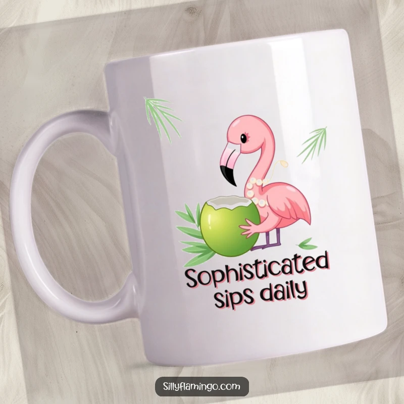 Funny mug showing an elegant flamingo draped in a pearl necklace, gracefully sipping from a coconut.