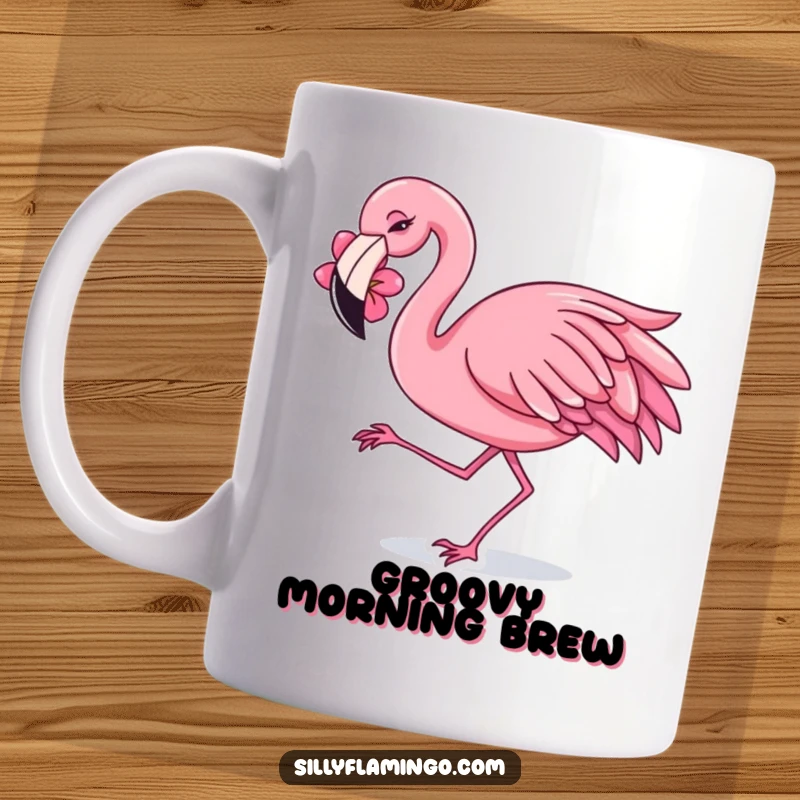 Funny Mug featuring a flamingo wearing a flower behind its ear, dancing with a joyful shimmy.