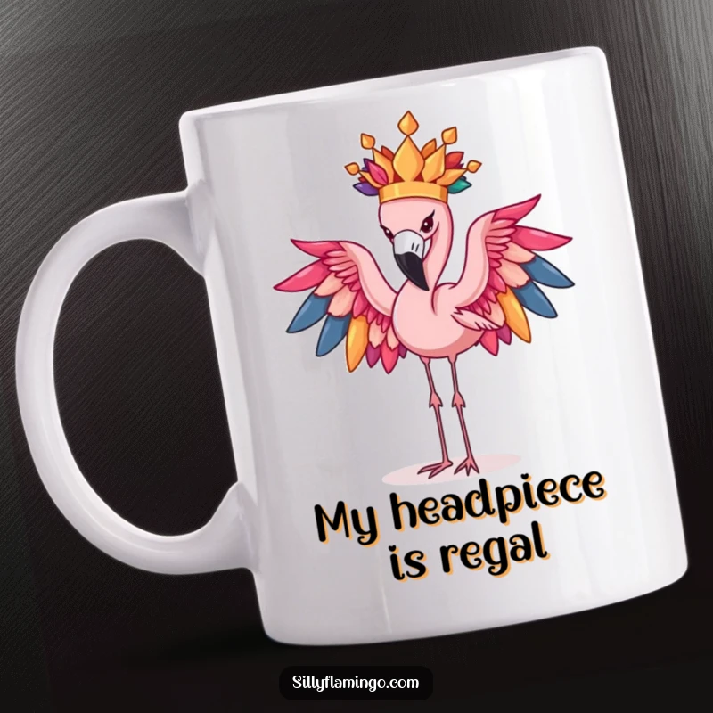 Funny Flamingo Mug: Determined bird hilariously attempts to balance a majestic, colorful feather crown, showcasing its quirky personality.