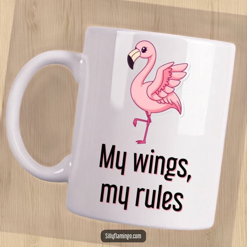Funny Kawaii Flamingo Mug featuring a pleased bird gracefully performing a subtle flap, radiating understated joy and humor.