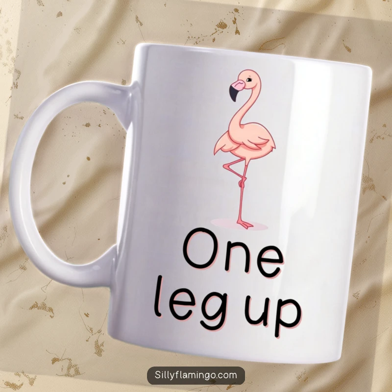 Funny Mug featuring an elegant flamingo standing perfectly balanced on one leg with a radiate cheerful expression.