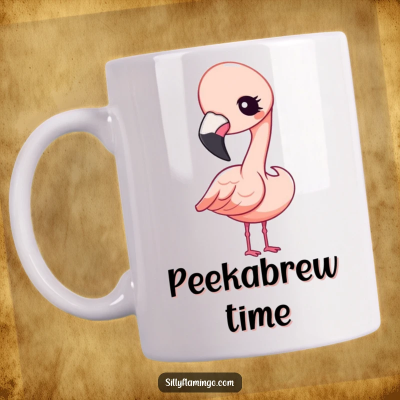 Funny Kawaii Flamingo Mug featuring an adorable flamingo tilting its head and winking with a curious and playful expression.