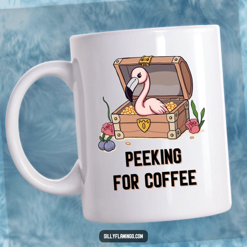 Funny Flamingo Treasure Mug featuring a flamingo with a long neck curiously peeking into a treasure chest, seeking sparkling surprises.