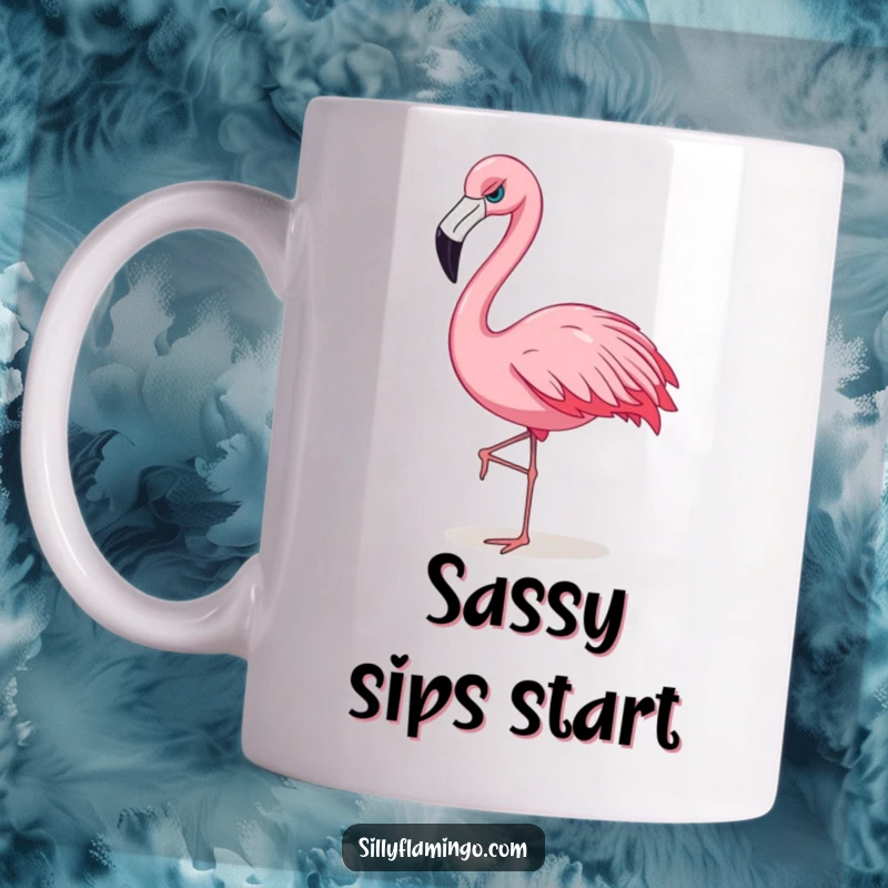 Funny flamingo mug featuring a sassy bird with a confident expression, strutting its stuff with attitude.
