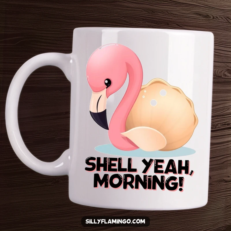 Funny Flamingo Mug: A curious flamingo pecks at a shimmering seashell, showcasing its playful and inquisitive nature. A delightful beach-themed gift.