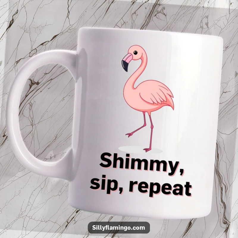 Funny Flamingo Mug: A happy flamingo performs a lively shimmy dance with a joyful expression. Perfect for spreading cheer and humor.
