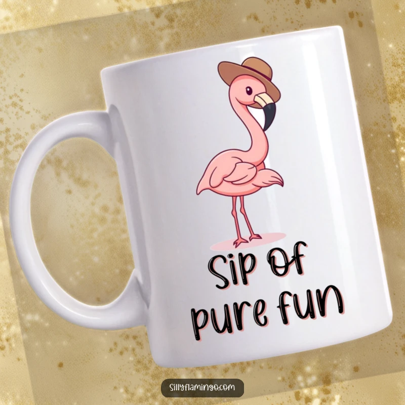 Playful flamingo mug featuring a bird in a tiny hat dipping its beak, embodying curiosity and fun.