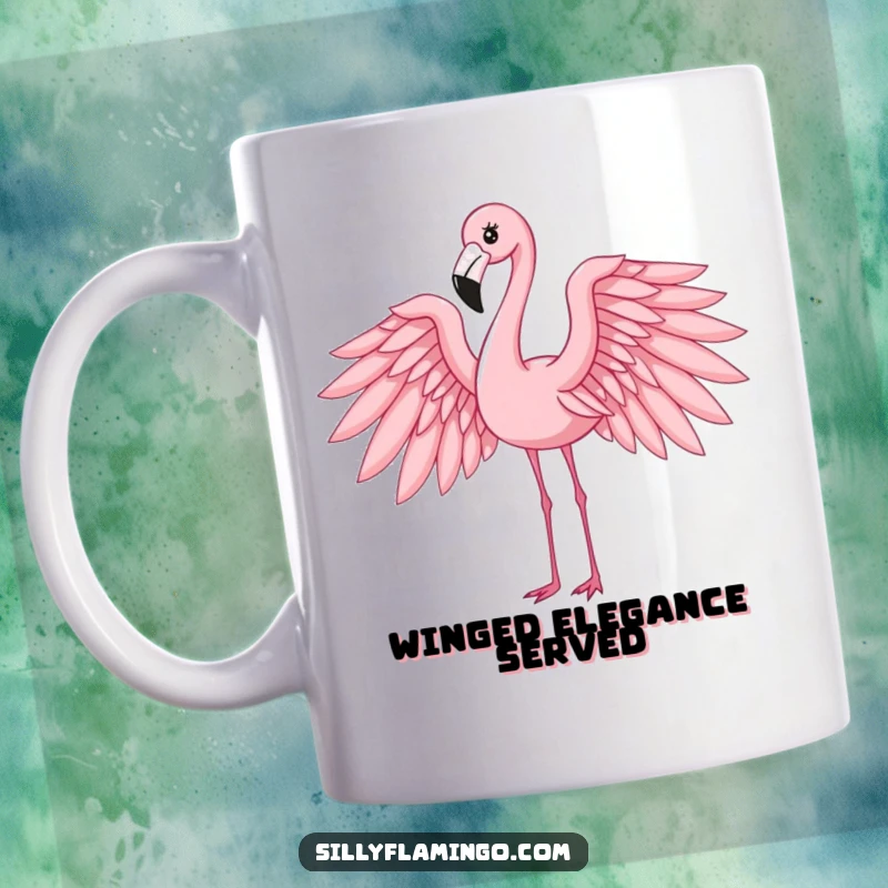 Funny flamingo mug showcasing an elegant bird with fully outstretched wings, striking a beautiful and poised stance.