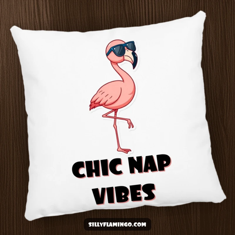 Funny flamingo pillow featuring a bird in sunglasses dancing, a humorous and cozy accent for any room.