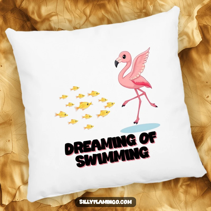 Funny flamingo decorative pillow, playfully chasing a school of tiny shimmering fish, a soft and humorous accent for sofas and beds, a charming gift.