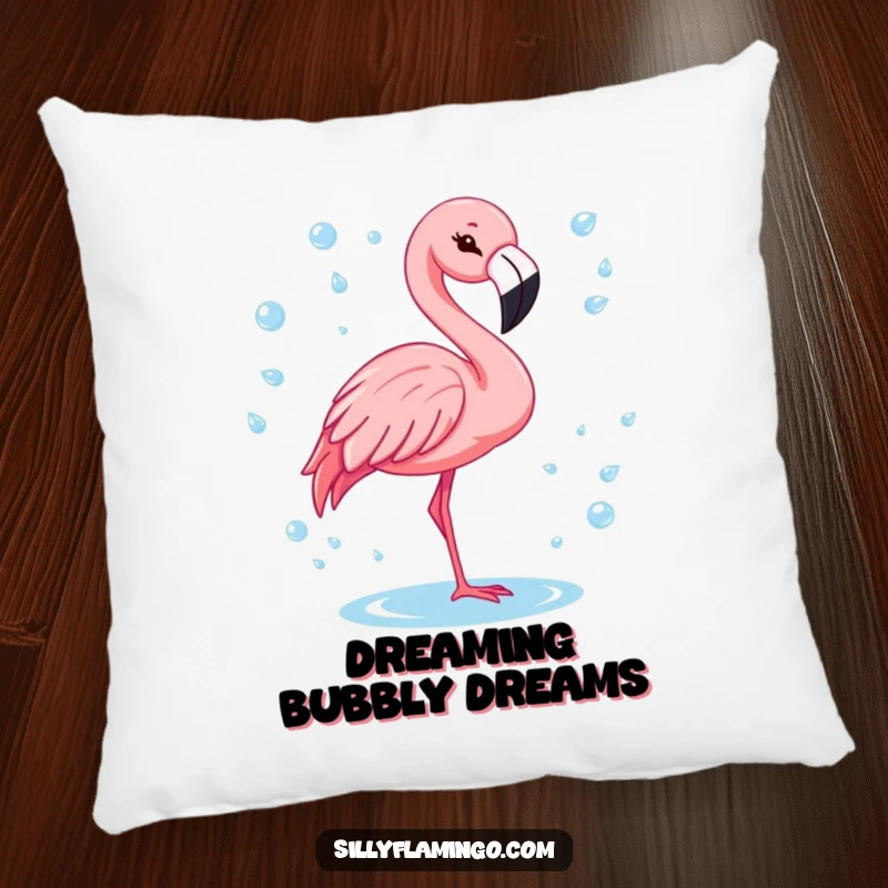 Funny flamingo with a cheerful wink, surrounded by sparkling water drops on a soft, decorative pillow.