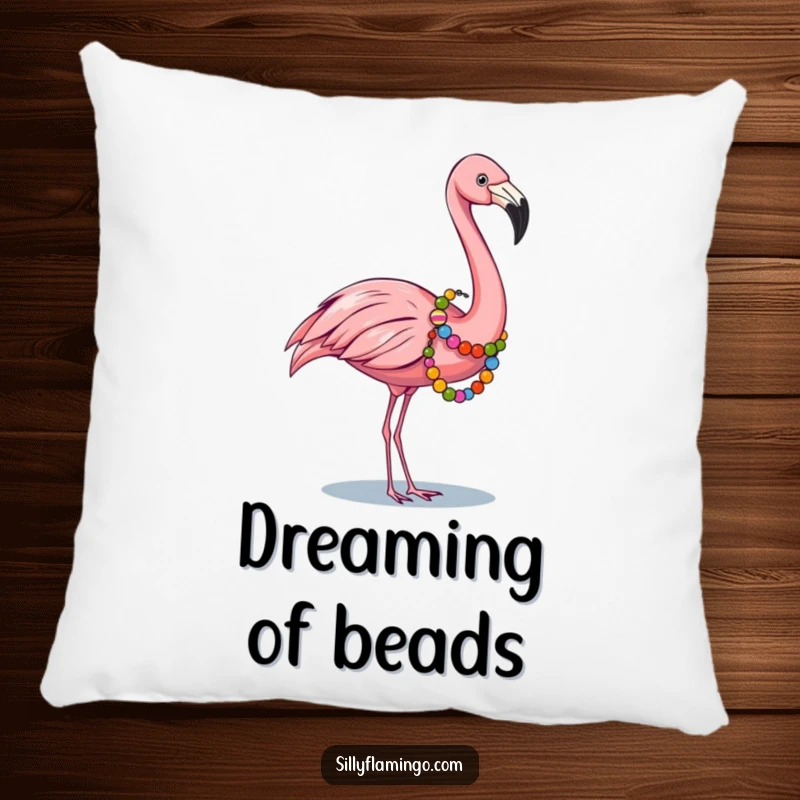 Funny pillow featuring a flamingo elegantly decorated with a colorful bead garland, perfect for adding comfort and cheer.