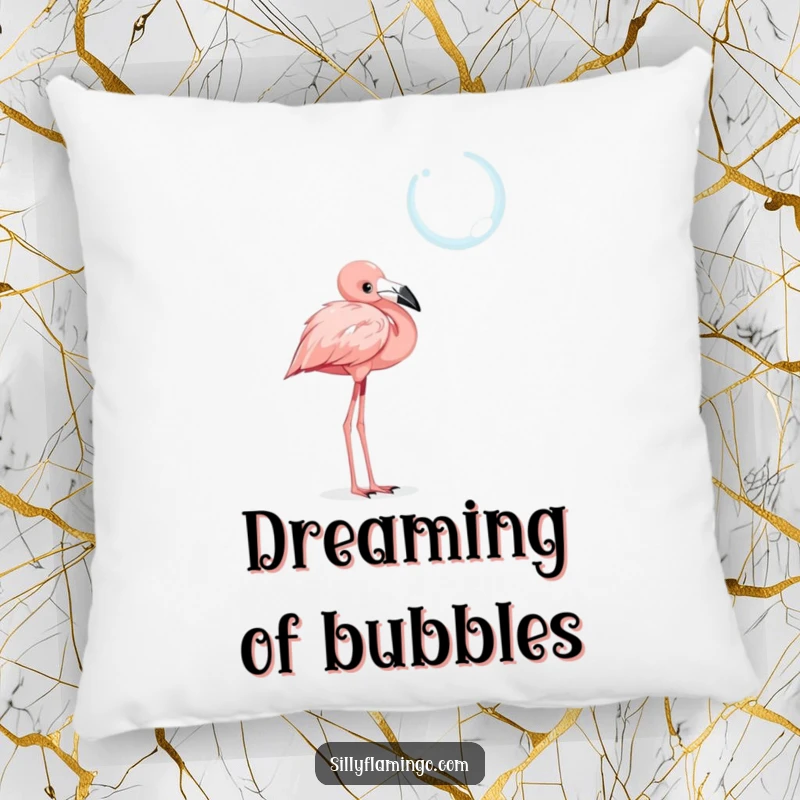 Funny pillow featuring a curious flamingo character with a tilted head, observing a shimmering, floating bubble.