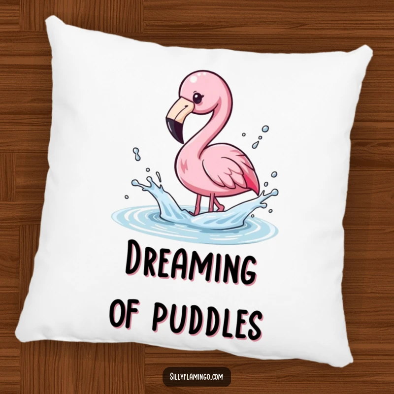 Funny Pillow of a kawaii flamingo playfully splashing water with its beak, sending droplets flying.