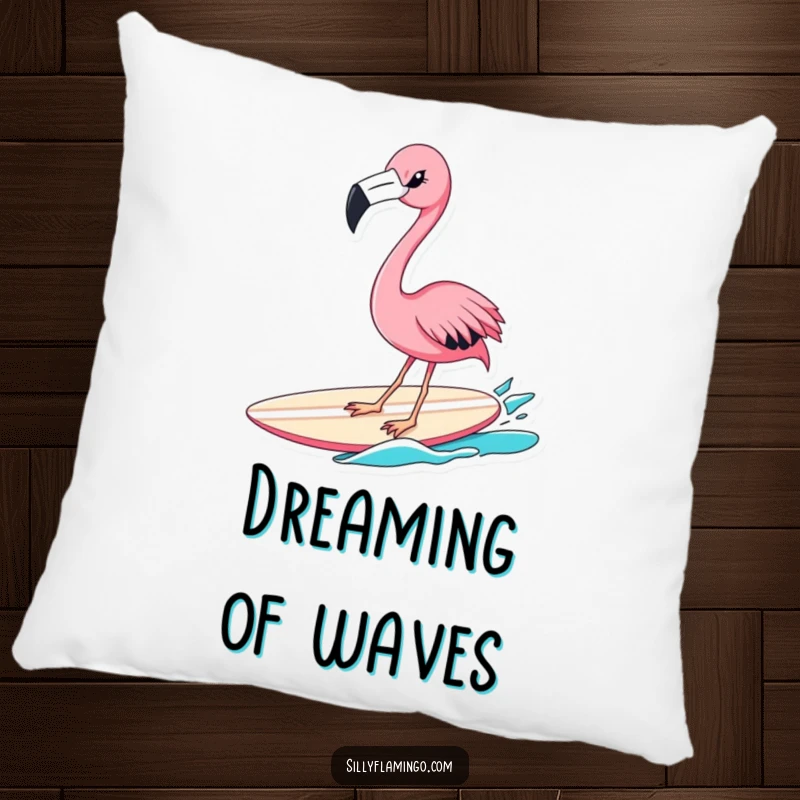 Funny flamingo surfer pillow featuring a winking pink bird balancing on a surfboard, offering comfort and a humorous beach-themed accent.