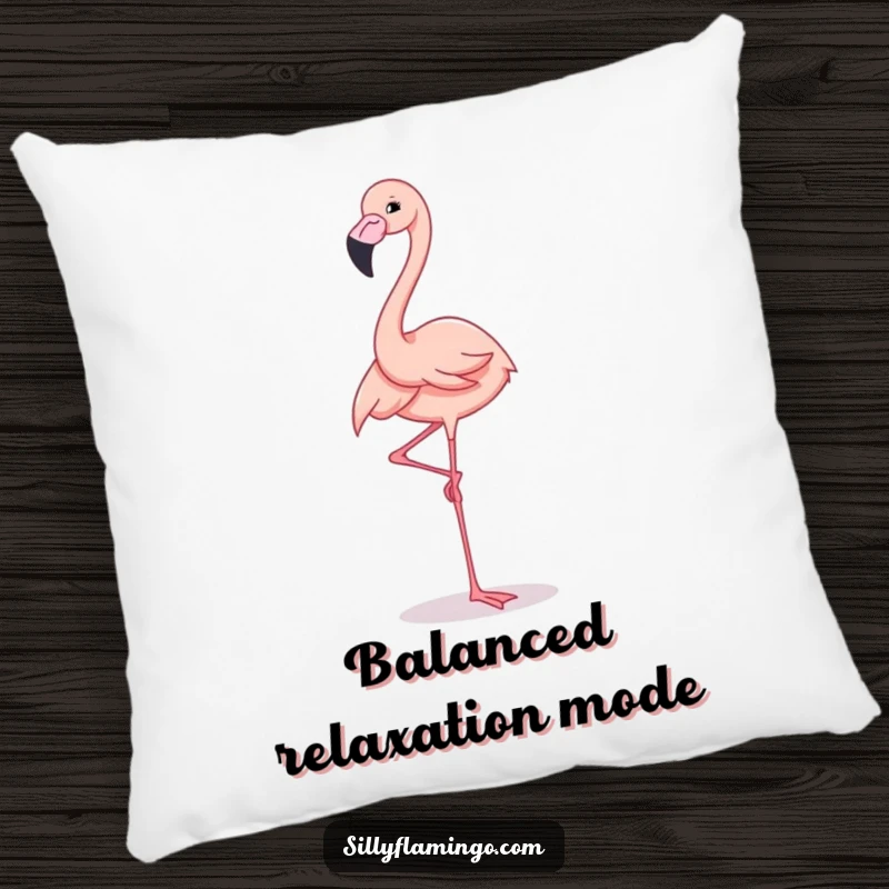 Funny Pillow showcasing an elegant flamingo standing on one leg with a cheerful expression, adding a touch of whimsy.