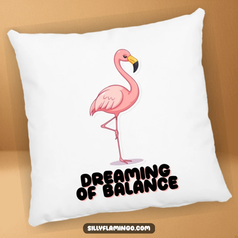 Funny flamingo pillow featuring a cheerful flamingo balancing on one leg, offering comfort and a touch of whimsical humor.