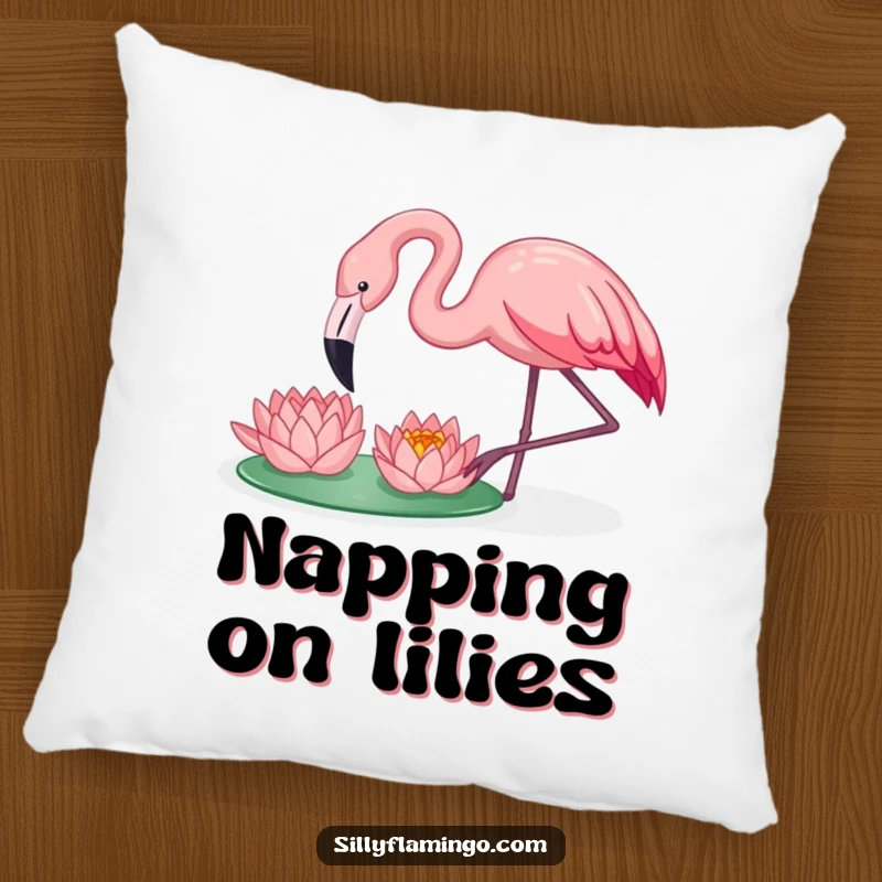 Funny flamingo happily pecking a water lily, featured on a soft and humorous pillow for comfort and decor