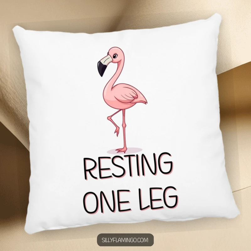 Funny pillow featuring a happy flamingo character with a wide grin, balancing elegantly on one leg.