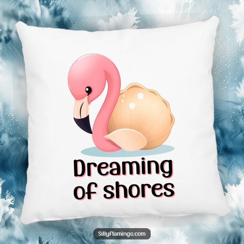 Funny Flamingo Pillow: A curious flamingo examines a shimmering seashell, offering comfort and a touch of playful design. Soft and humorous decor.