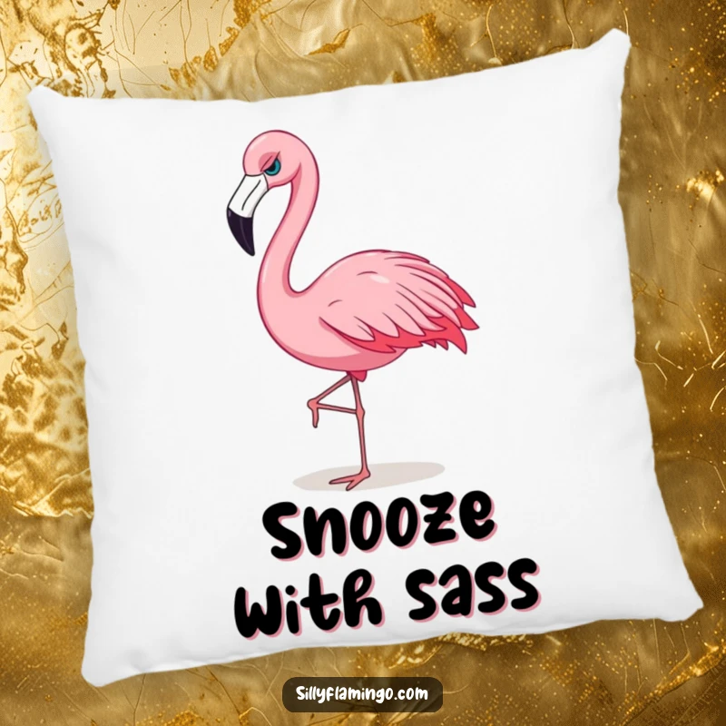 Funny flamingo pillow featuring a sassy bird strutting with confidence, offering comfort and a bold decorative touch.