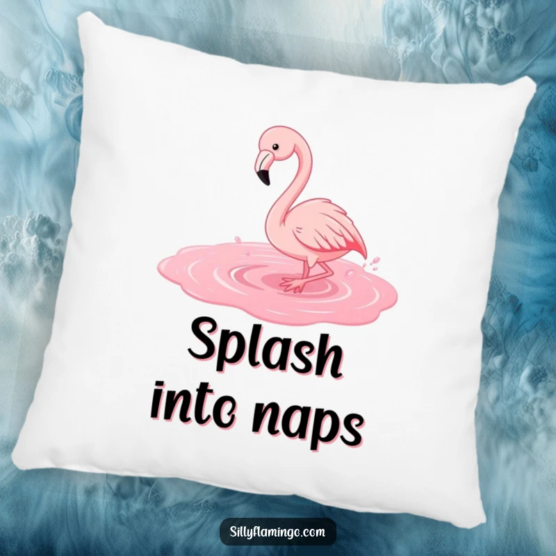 Funny flamingo pillow showing a playful bird splashing in a pink puddle, offering comfort and a touch of silliness.