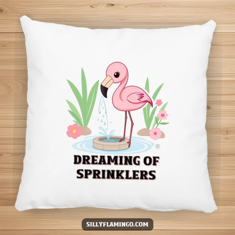 Funny Pillow showcasing a flamingo playfully spraying water from its beak, creating a delightful mini-fountain for a whimsical touch.