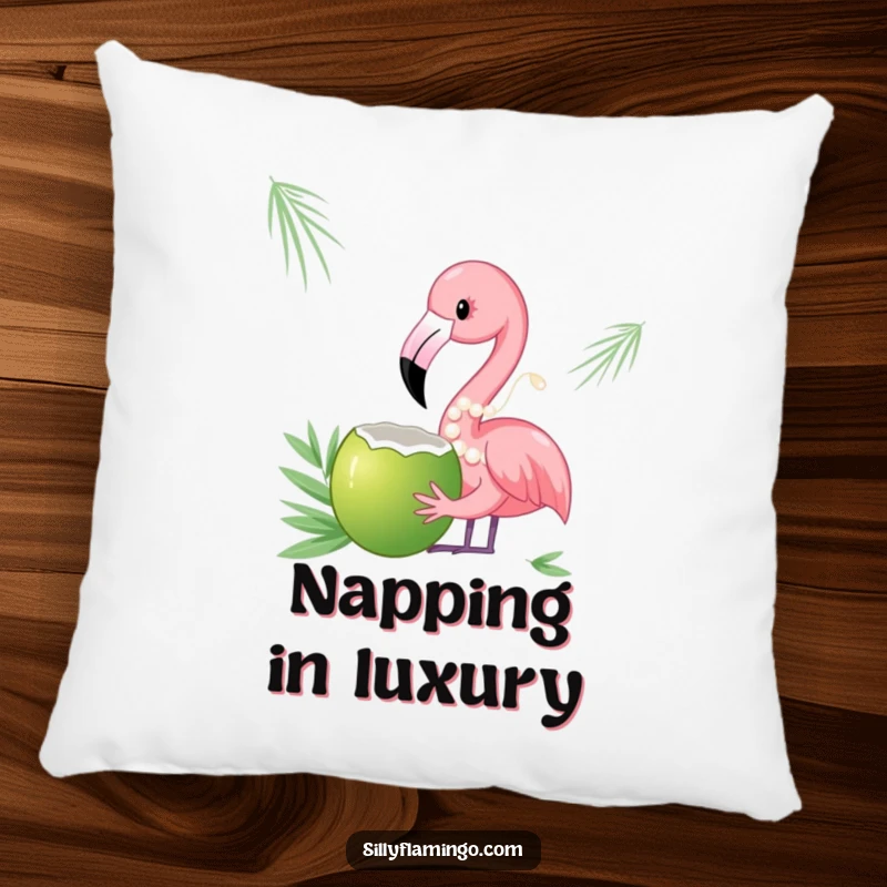 Funny accent pillow featuring a flamingo in pearls sipping from a coconut, offering humorous comfort and style.