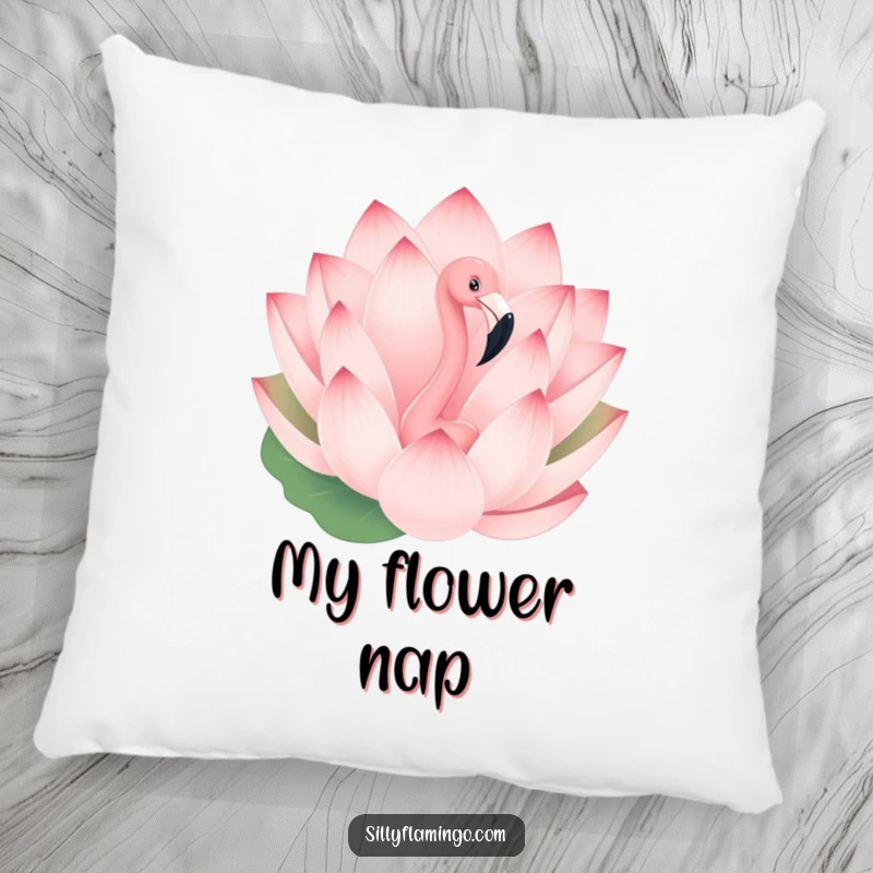 Funny pillow featuring a playful flamingo peeking from behind a giant blooming lotus flower, perfect for cozying up.