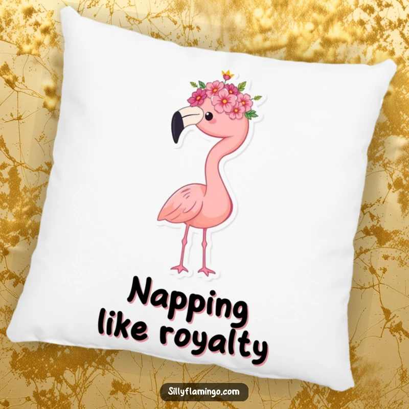 Funny flamingo decorative pillow, wearing a tiny flower crown, standing proudly, a soft and humorous accent for sofas and beds, a charming gift.